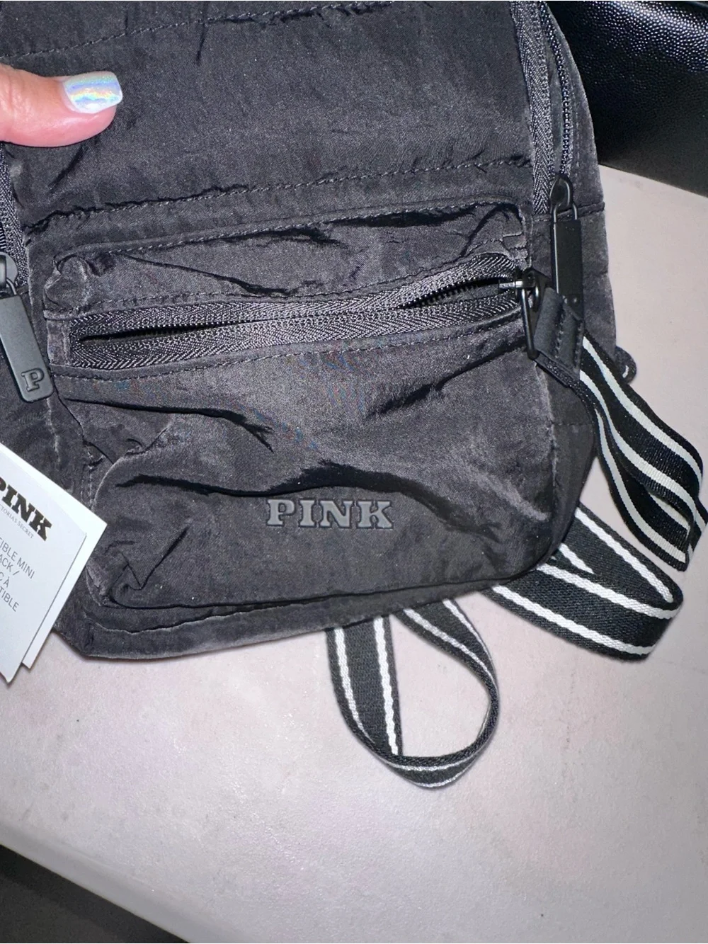 PINK Victoria's Secret Black Convertible Mini Backpack with Striped Straps